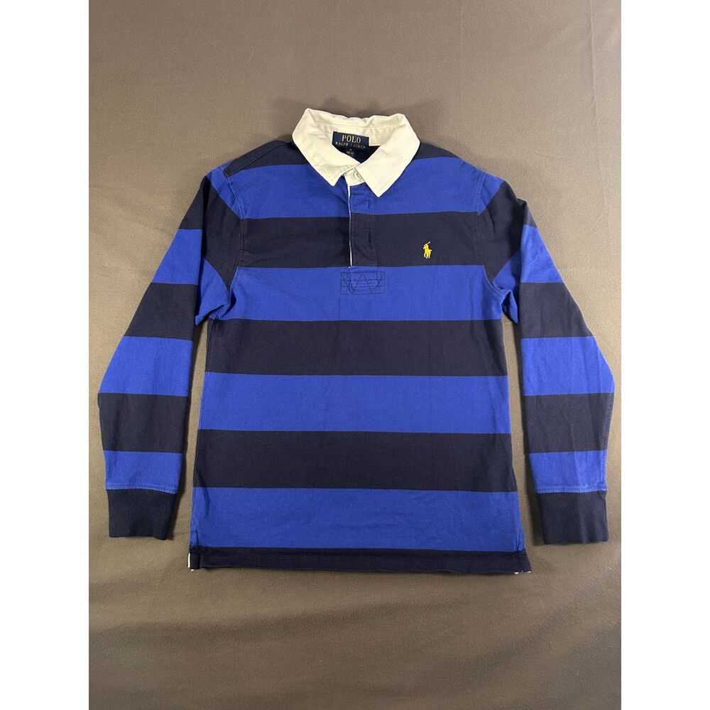 Polo Ralph Lauren Youth Rugby Shirt Blue Striped Long Sleeve Yellow Pony Preppy